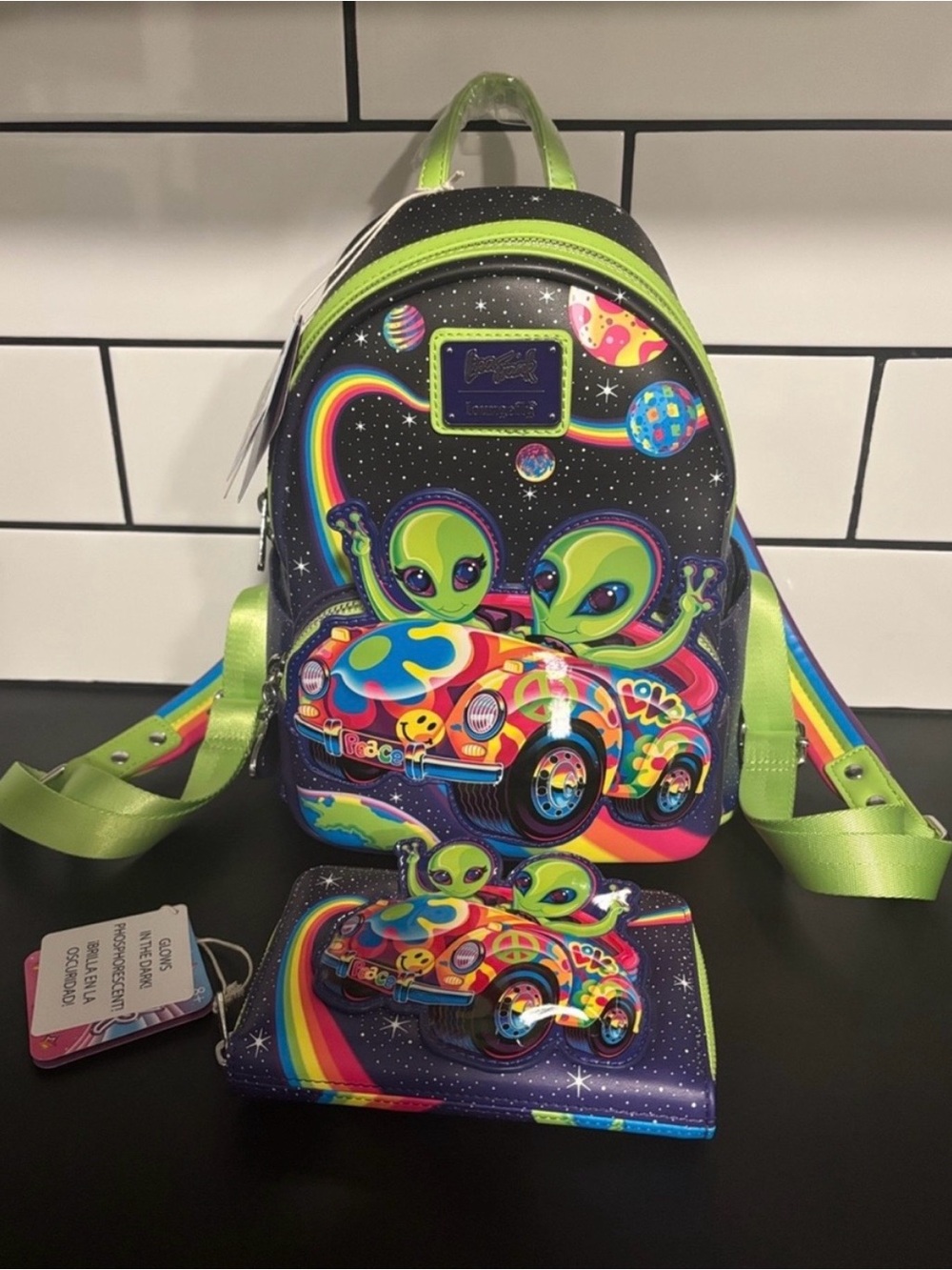 Loungefly × Lisa Frank Cosmic Alien Ride Glow in the Dark Backpack & Wallet NWT